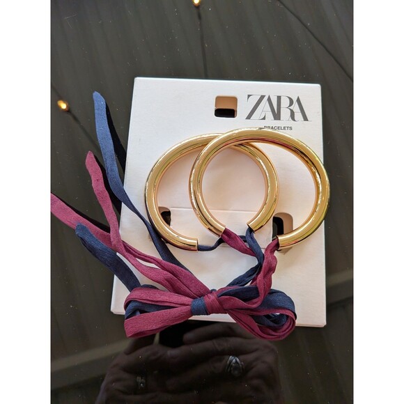 ZARA Bracelets Womens Metal Polished Golden Bangles Pack of 2 Ribbons Blue Wine - Picture 4 of 6